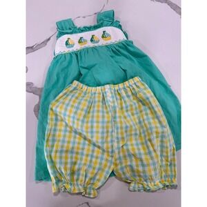 Kids Smocked Sailor Boat Dress Shorts Set Teal Gingham Size 5